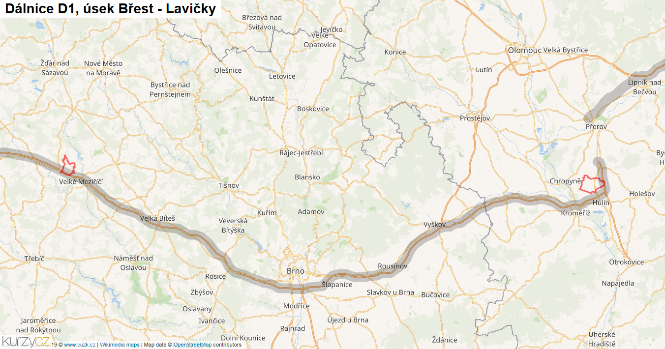 Úsek Břest - Lavičky, Dálnice D1 - Mapa