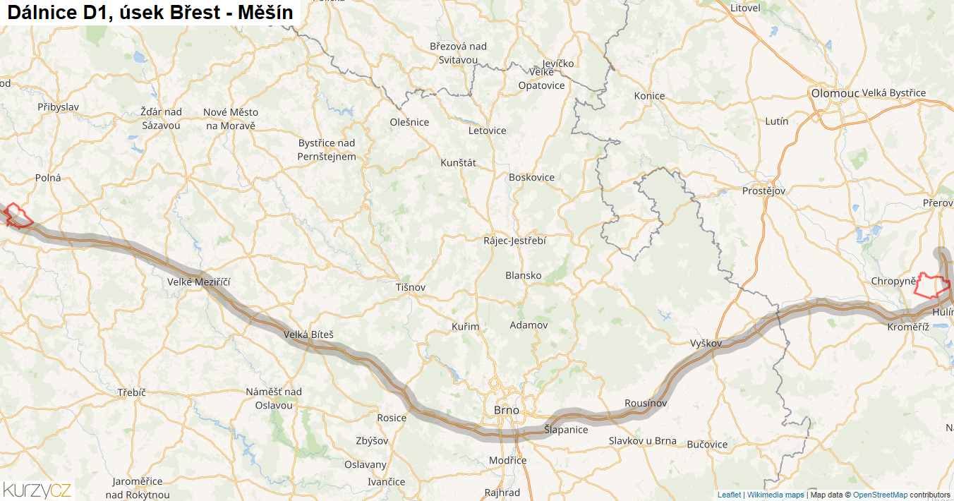 Úsek Břest - Měšín, Dálnice D1 - Mapa