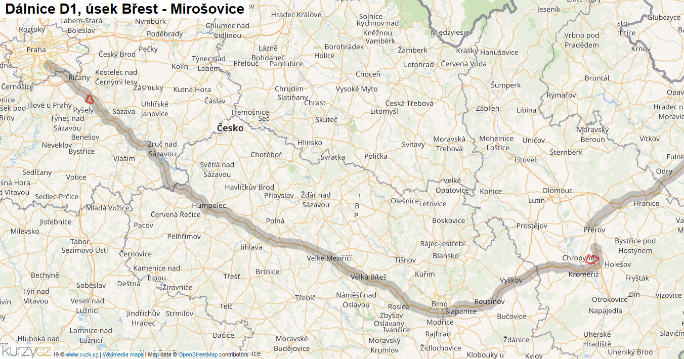 Úsek Břest - Mirošovice, Dálnice D1 - Mapa