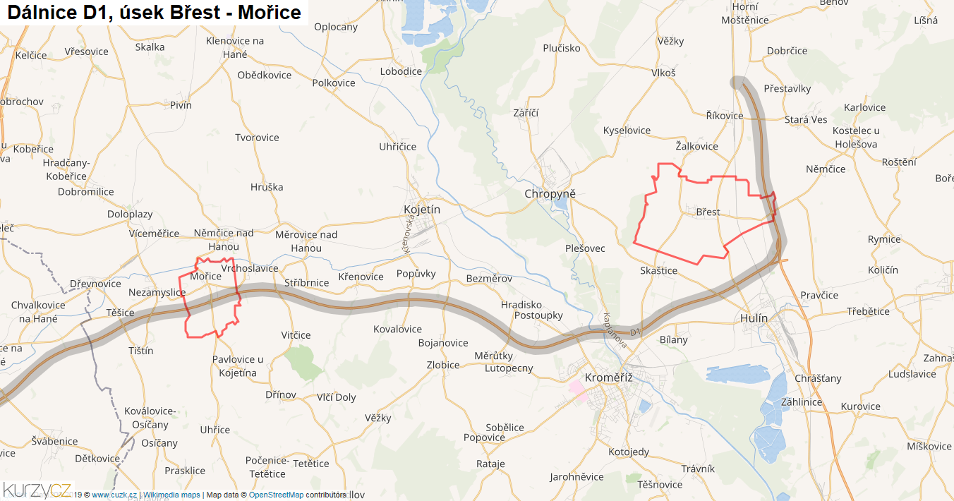 Úsek Břest - Mořice, Dálnice D1 - Mapa