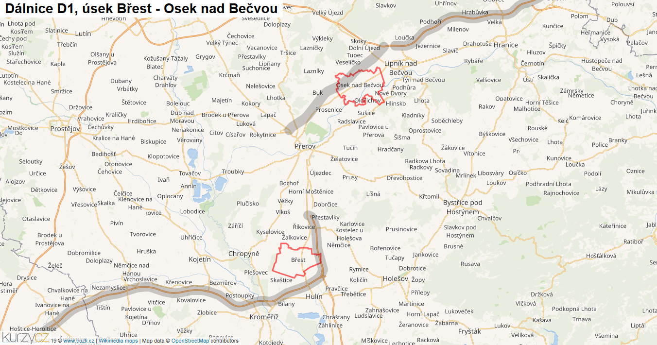 Úsek Břest - Osek nad Bečvou, Dálnice D1 - Mapa