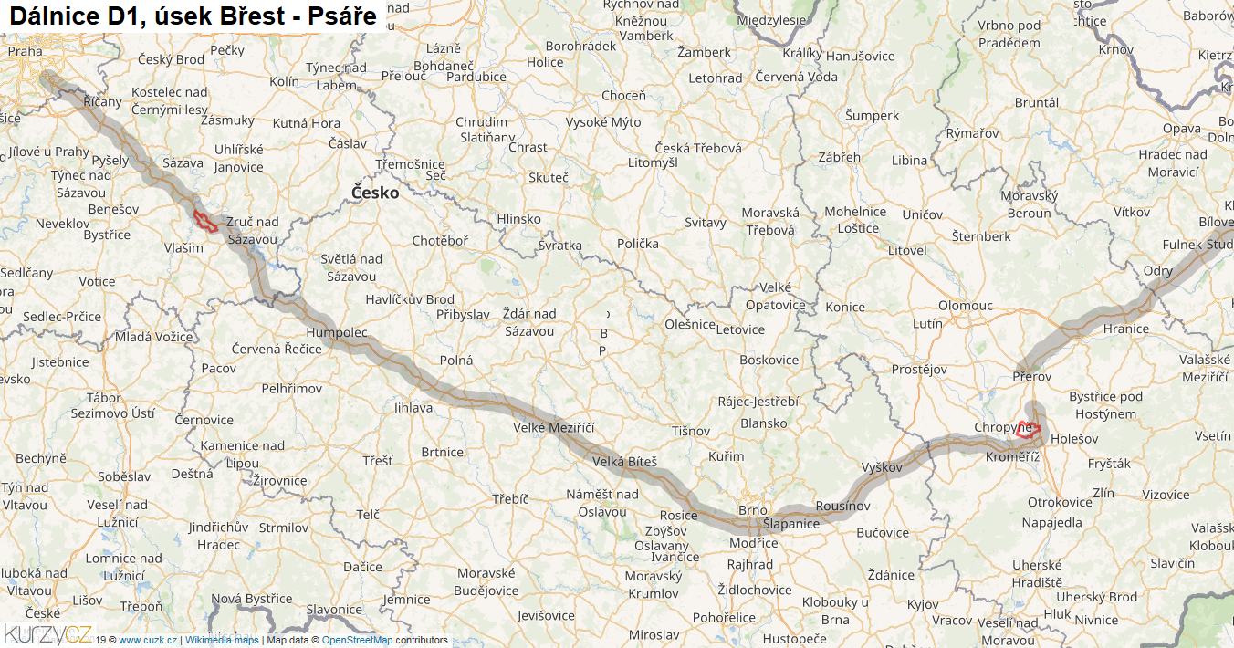 Úsek Břest - Psáře, Dálnice D1 - Mapa