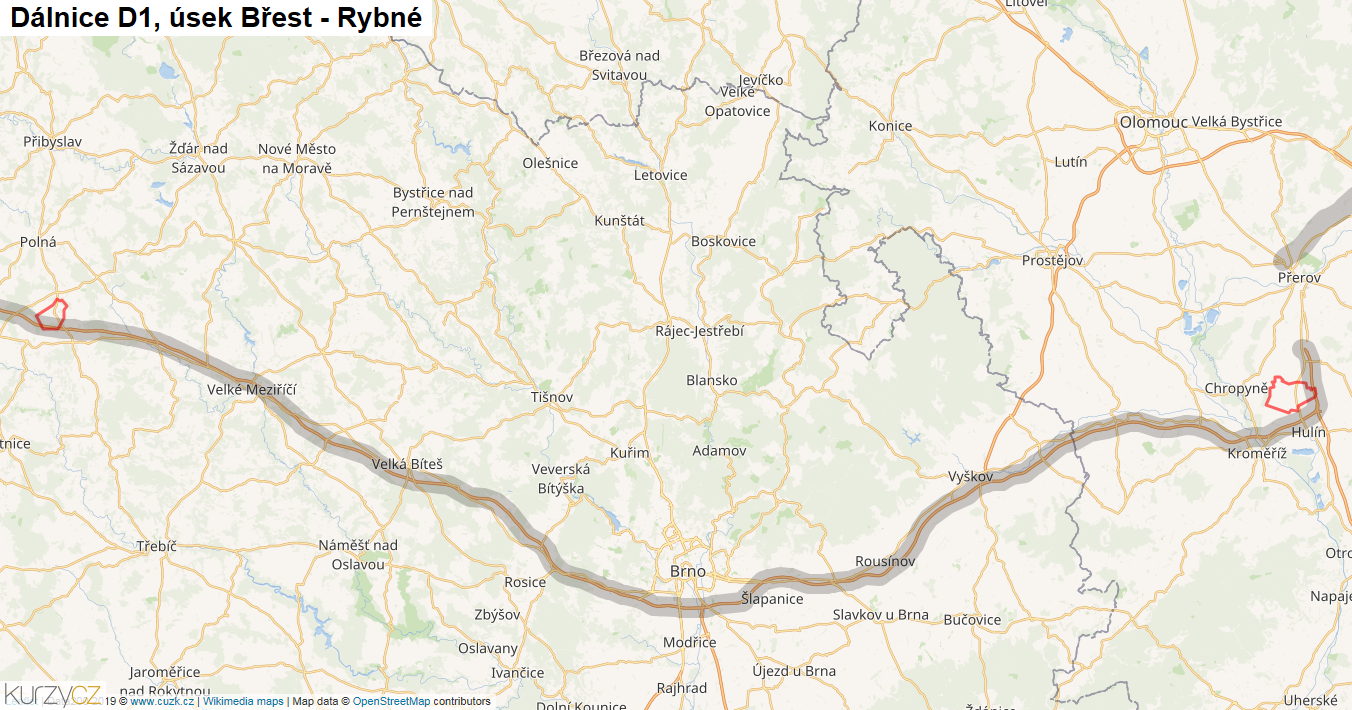 Úsek Břest - Rybné, Dálnice D1 - Mapa