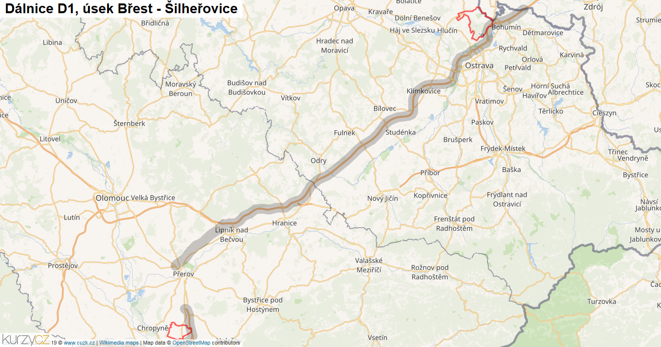 Úsek Břest - Šilheřovice, Dálnice D1 - Mapa
