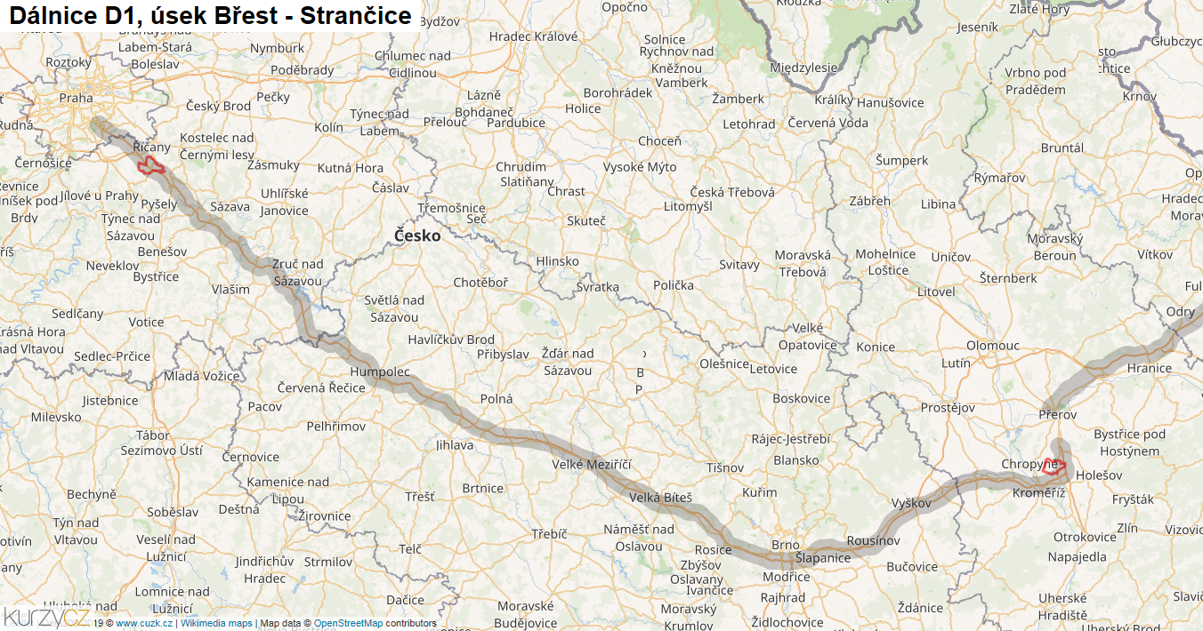 Úsek Břest - Strančice, Dálnice D1 - Mapa
