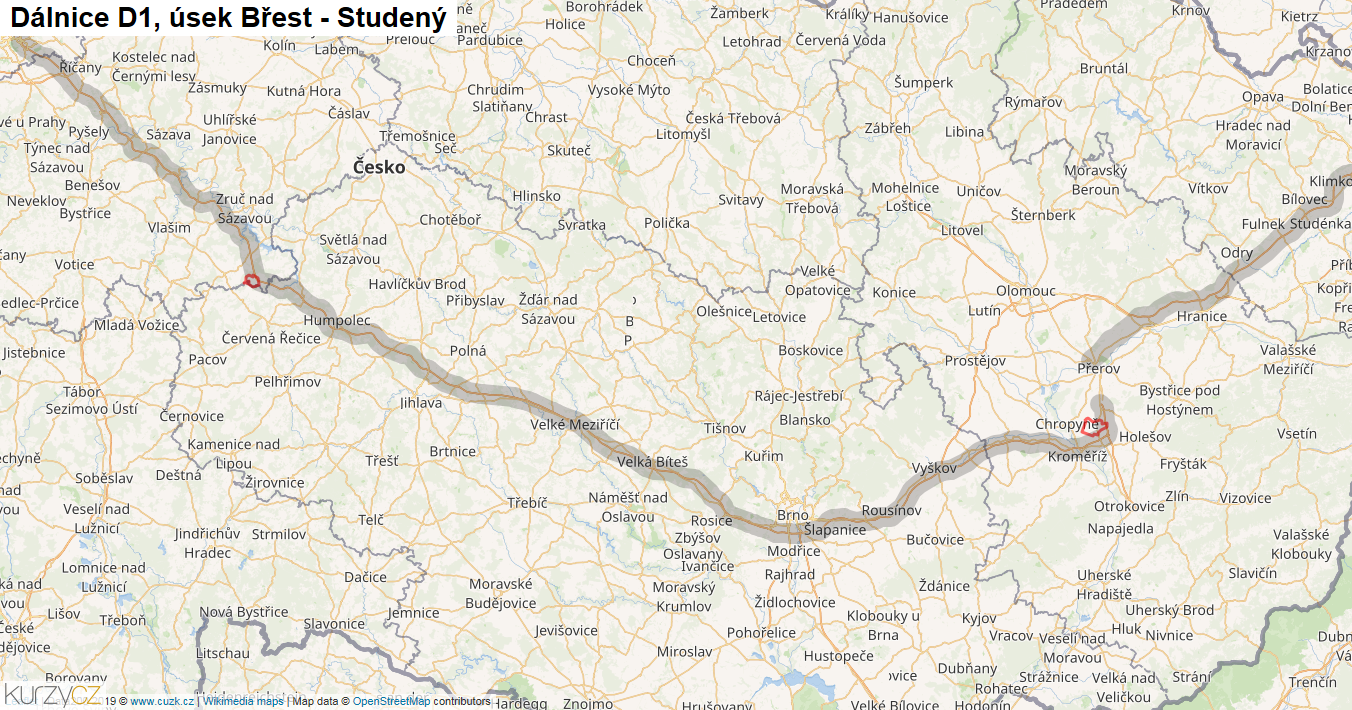 Úsek Břest - Studený, Dálnice D1 - Mapa