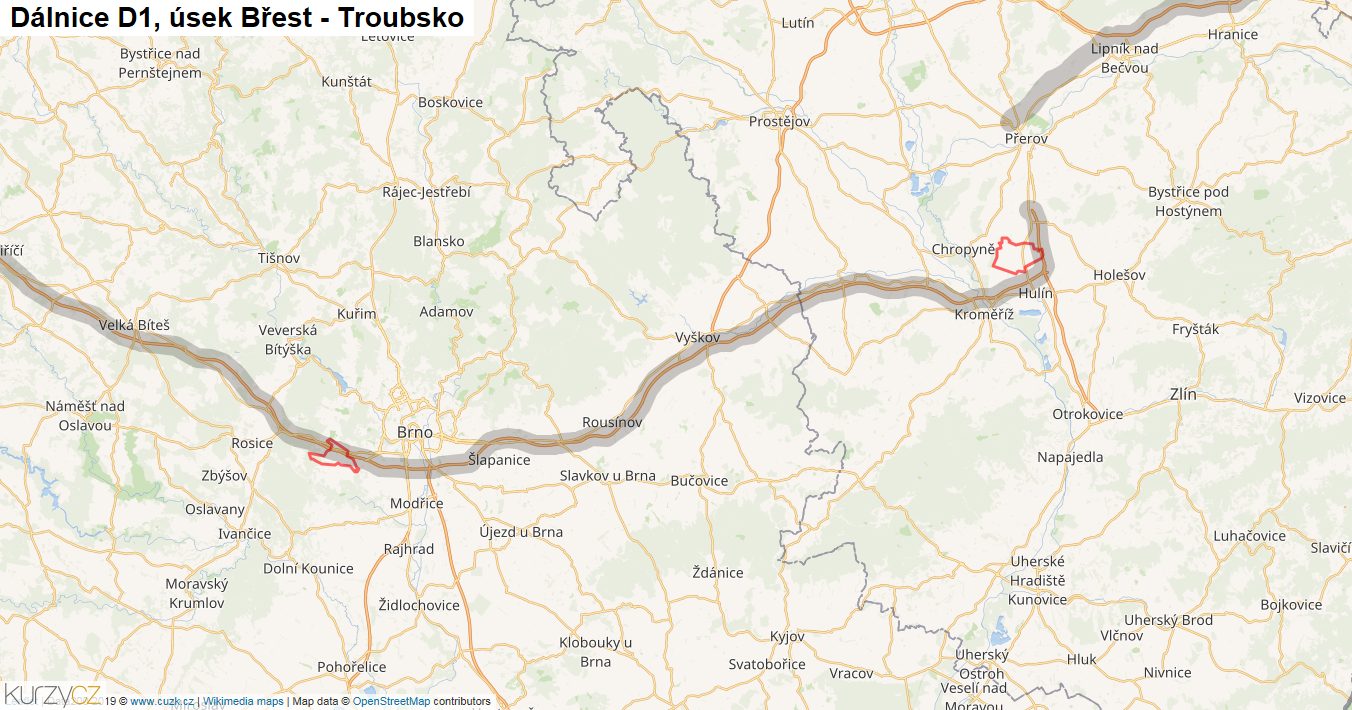 Úsek Břest - Troubsko, Dálnice D1 - Mapa