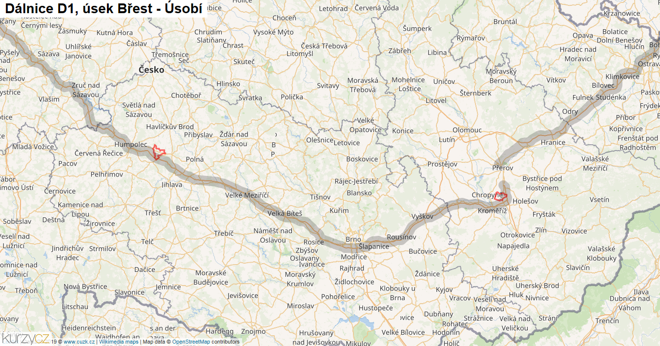 Úsek Břest - Úsobí, Dálnice D1 - Mapa