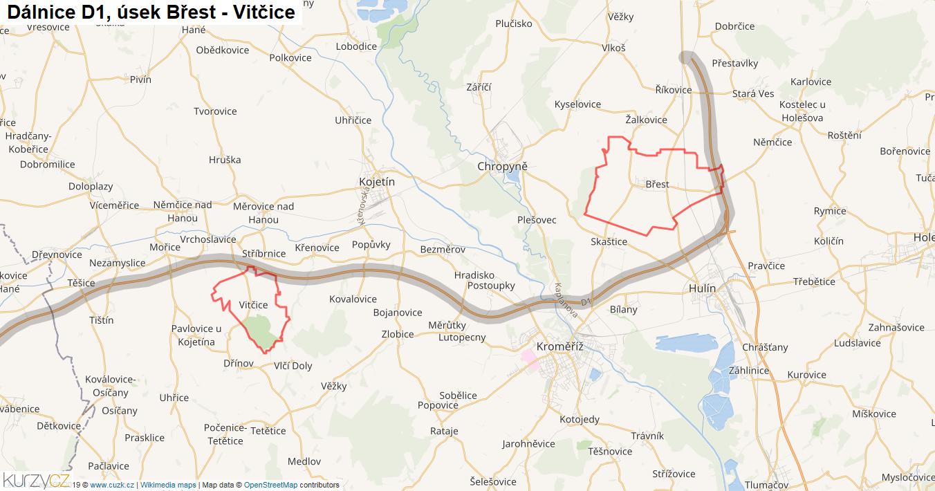Úsek Břest - Vitčice, Dálnice D1 - Mapa
