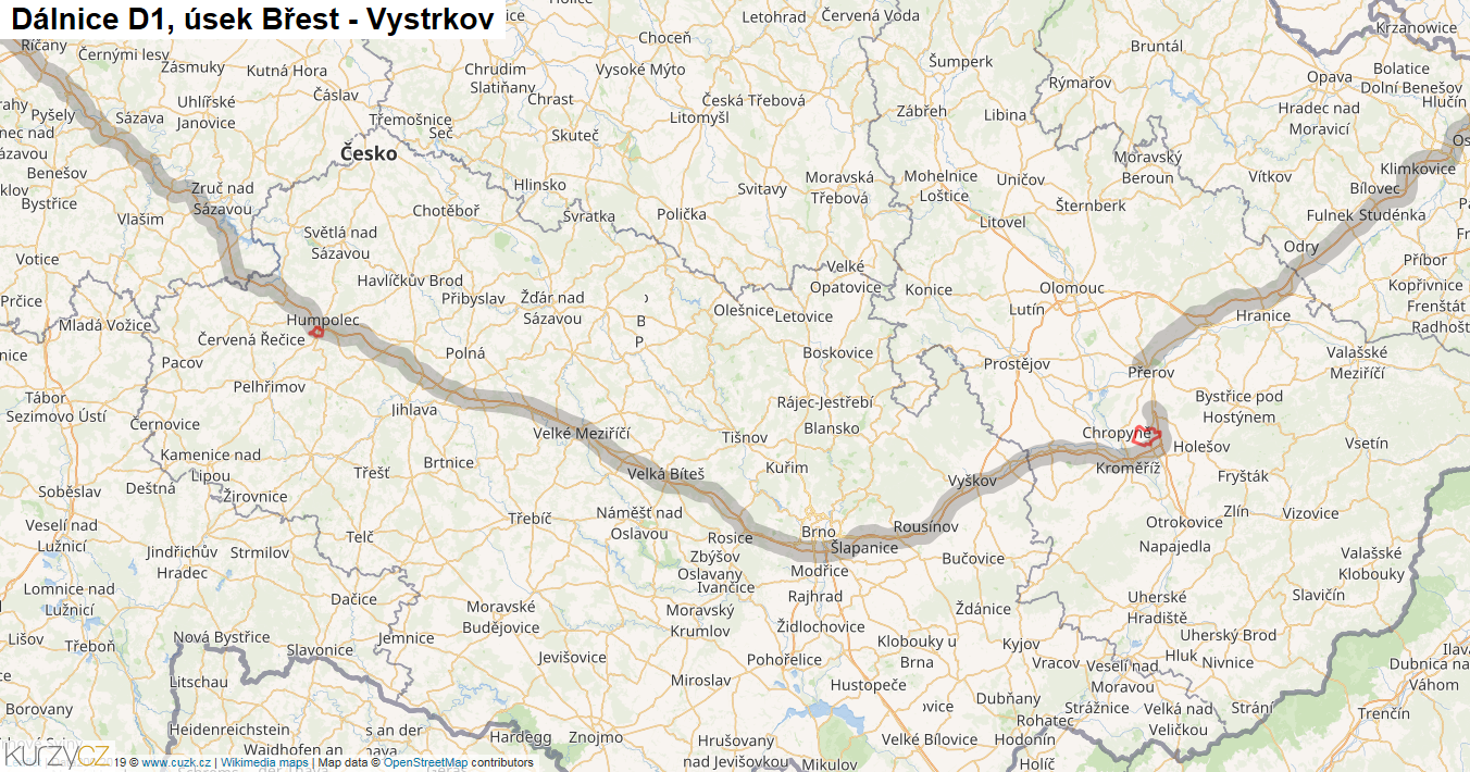 Úsek Břest - Vystrkov, Dálnice D1 - Mapa