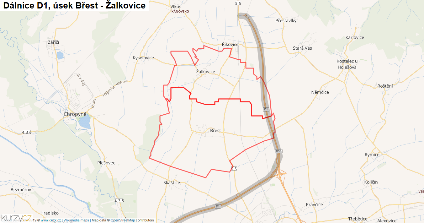 Úsek Břest - Žalkovice, Dálnice D1 - Mapa