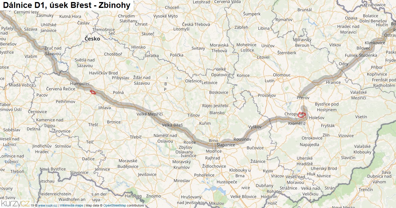 Úsek Břest - Zbinohy, Dálnice D1 - Mapa