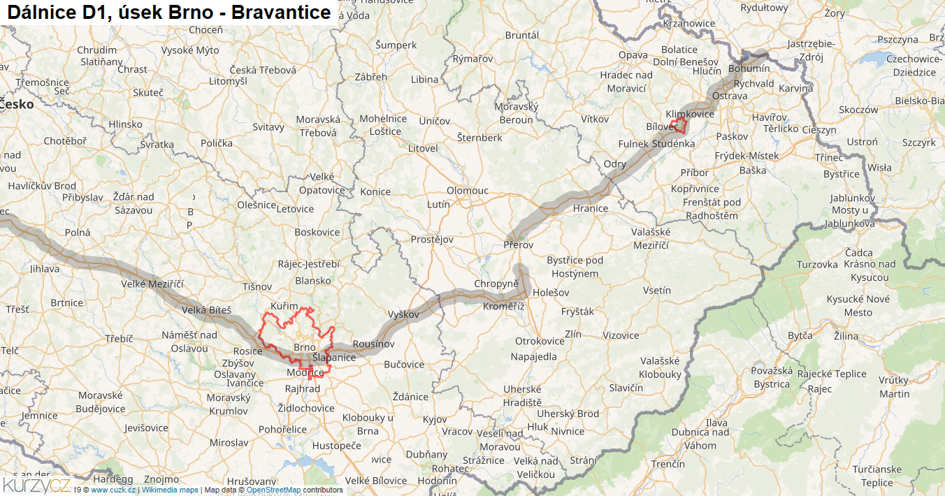 Úsek Brno - Bravantice, Dálnice D1 - Mapa