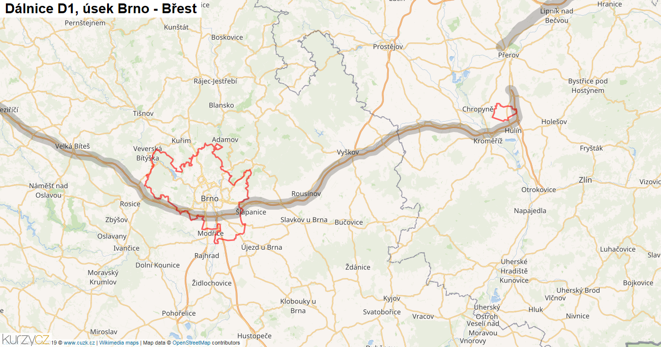 Úsek Brno - Břest, Dálnice D1 - Mapa