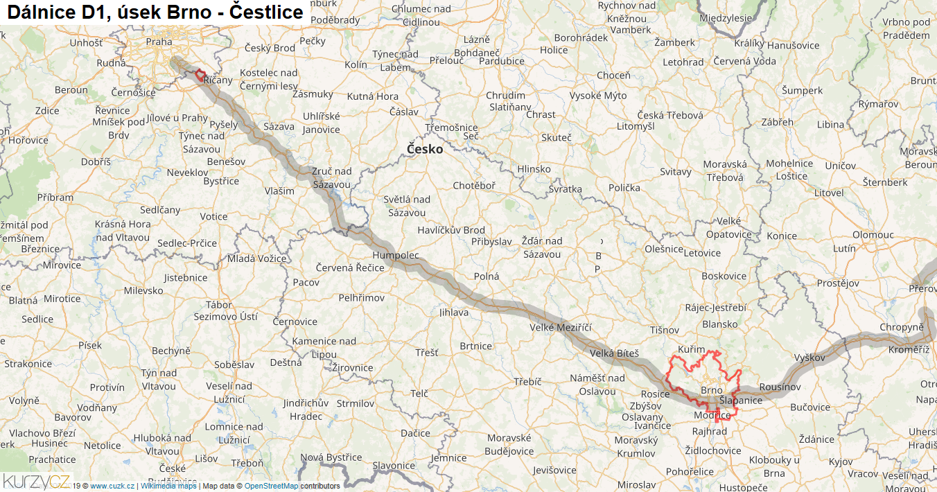 Úsek Brno - Čestlice, Dálnice D1 - Mapa