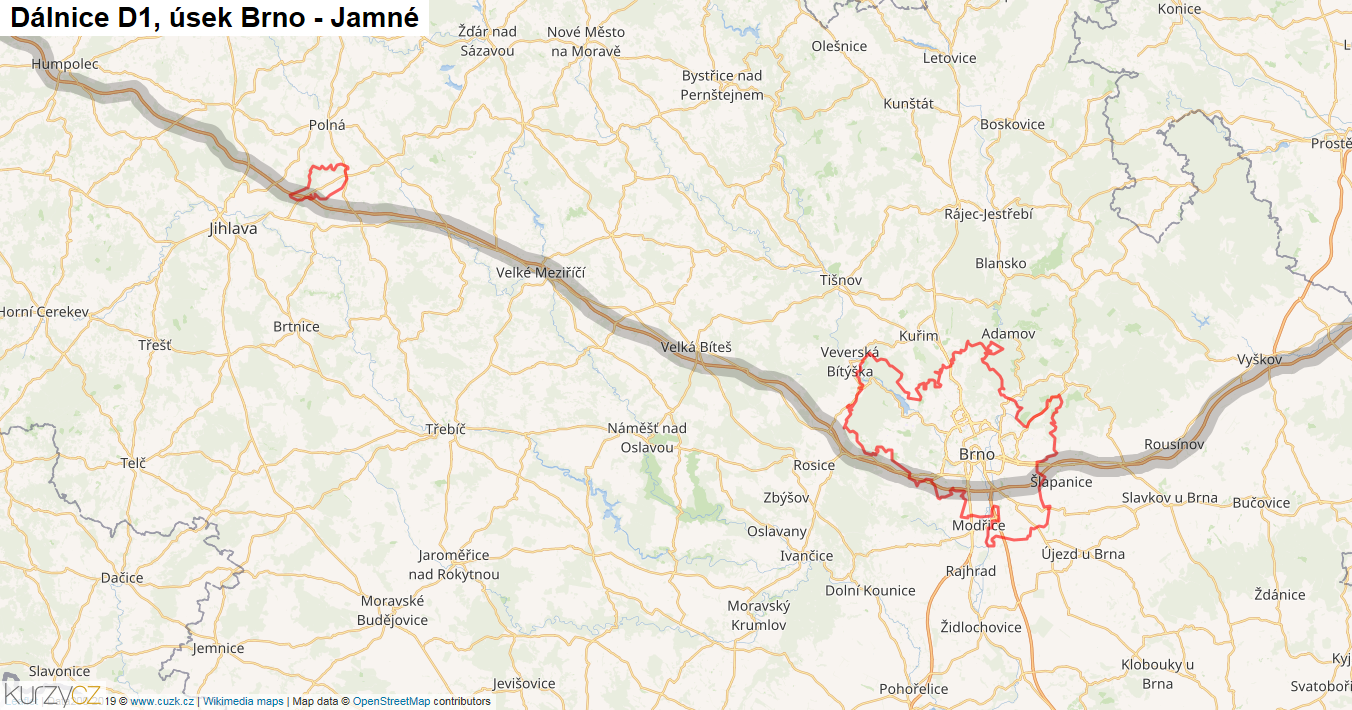 Úsek Brno - Jamné, Dálnice D1 - Mapa