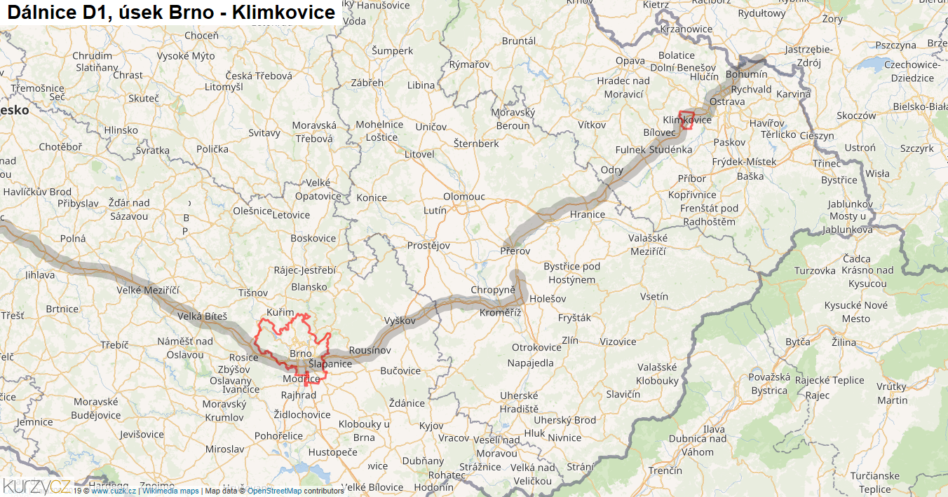 Úsek Brno - Klimkovice, Dálnice D1 - Mapa