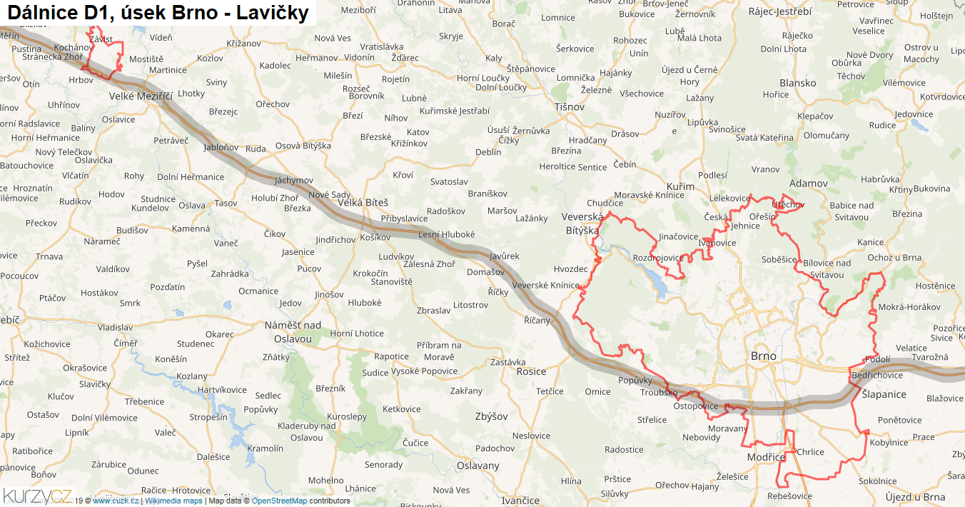 Úsek Brno - Lavičky, Dálnice D1 - Mapa