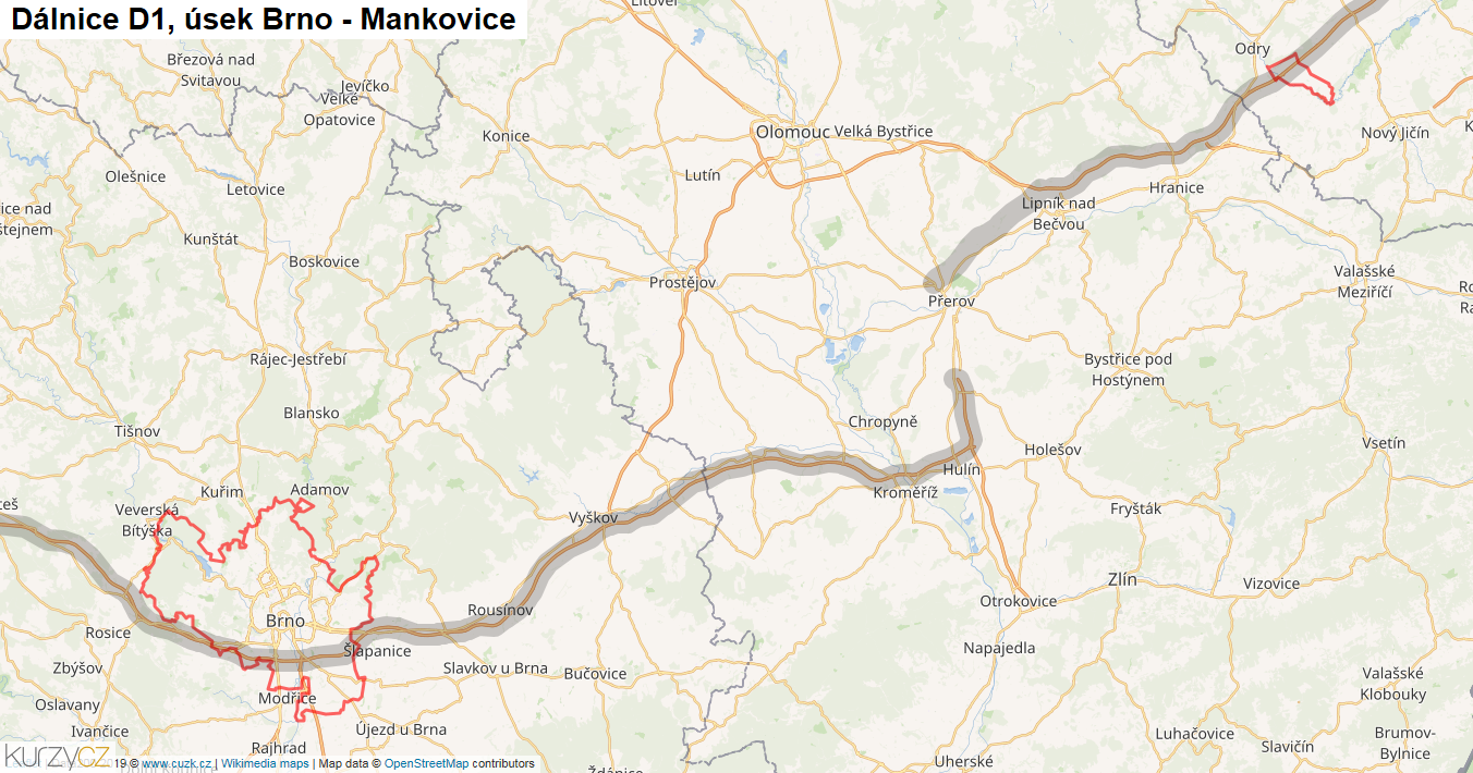Úsek Brno - Mankovice, Dálnice D1 - Mapa