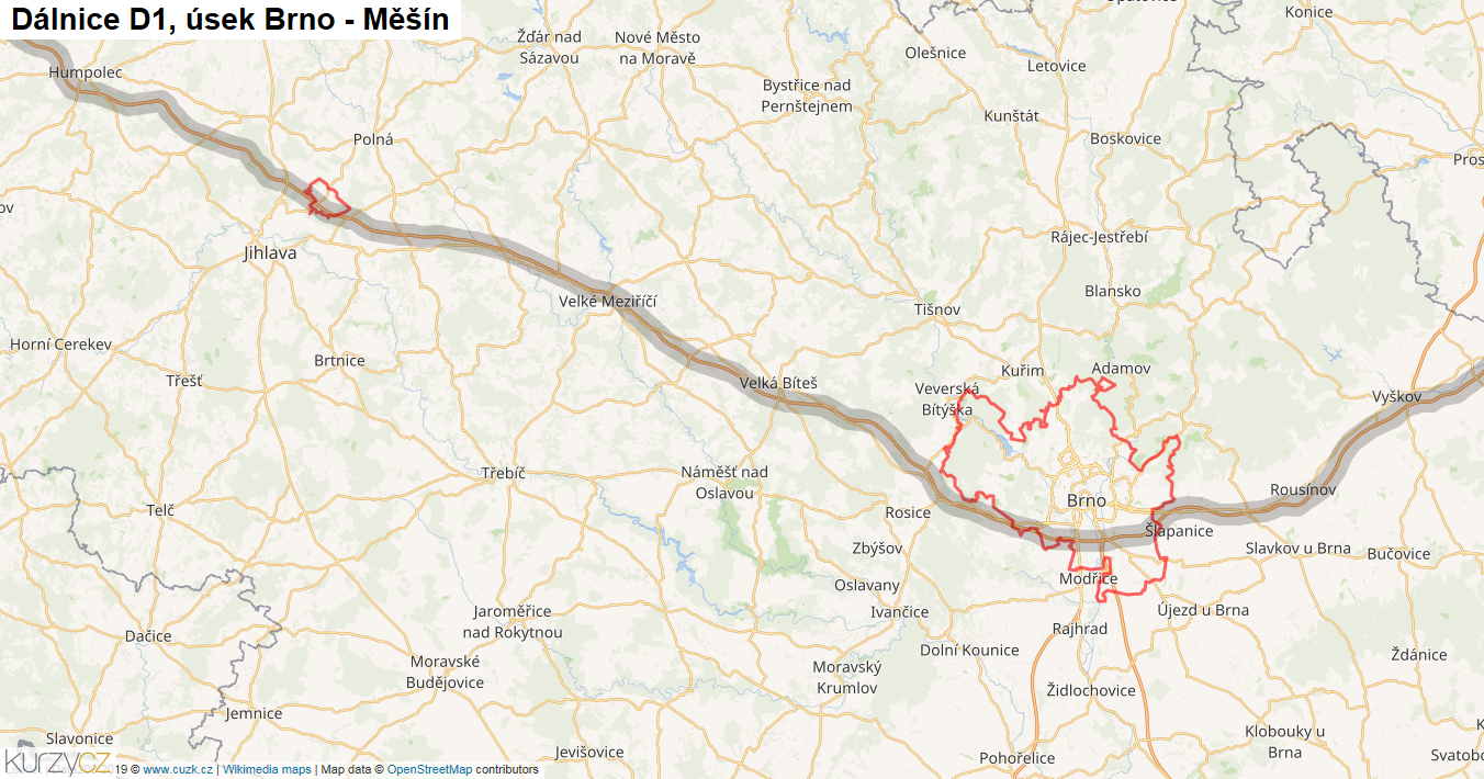 Úsek Brno - Měšín, Dálnice D1 - Mapa