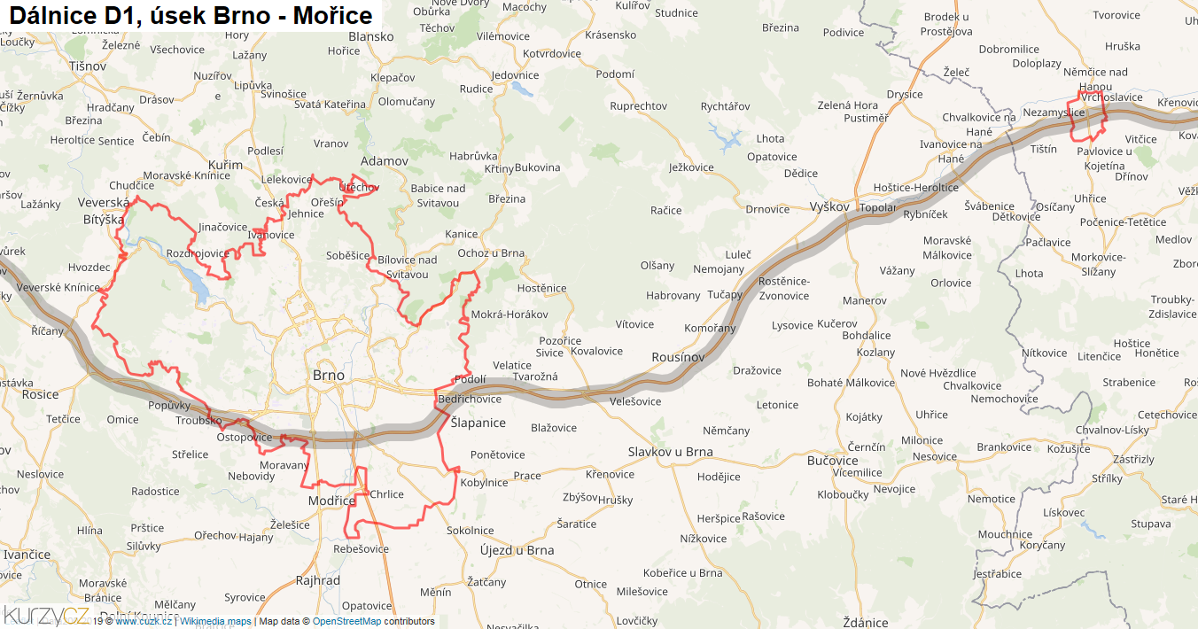 Úsek Brno - Mořice, Dálnice D1 - Mapa