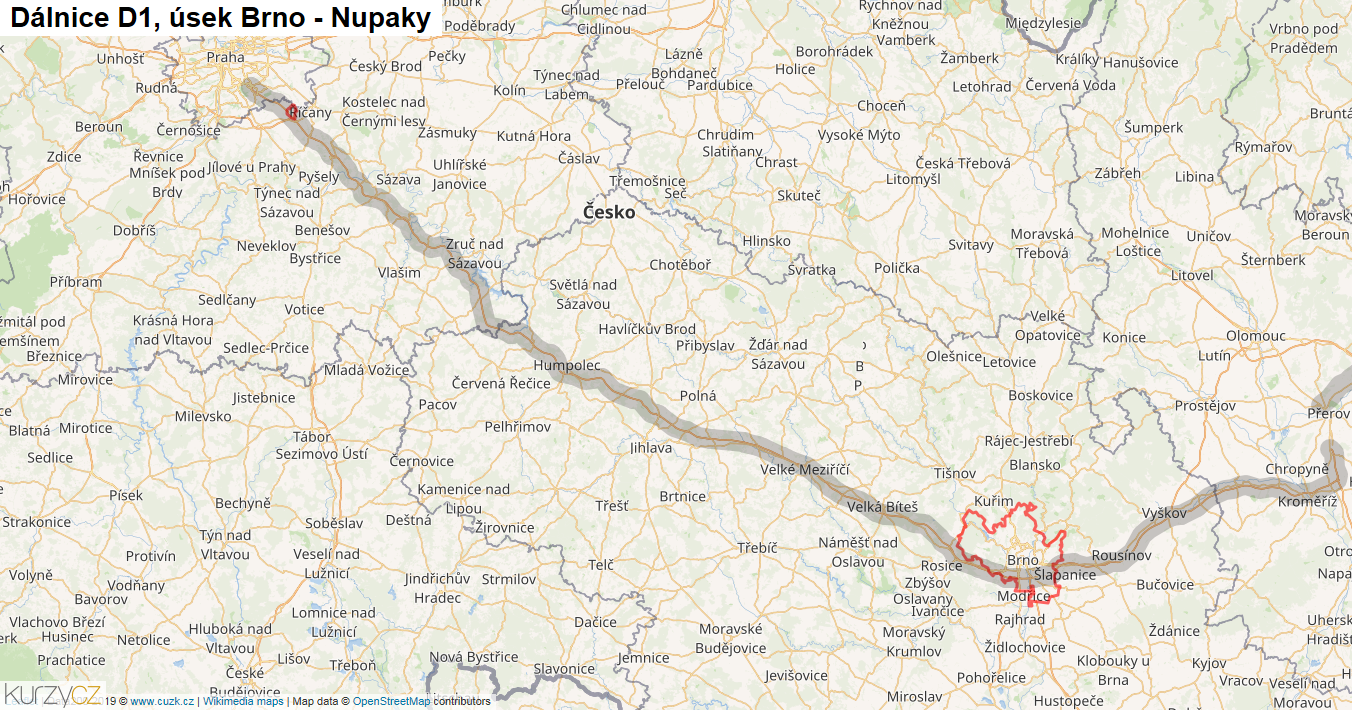 Úsek Brno - Nupaky, Dálnice D1 - Mapa
