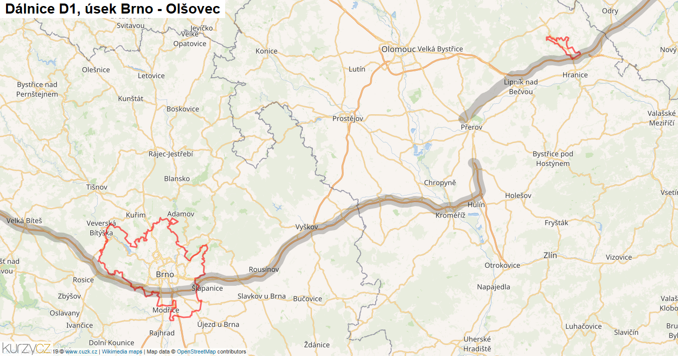 Úsek Brno - Olšovec, Dálnice D1 - Mapa