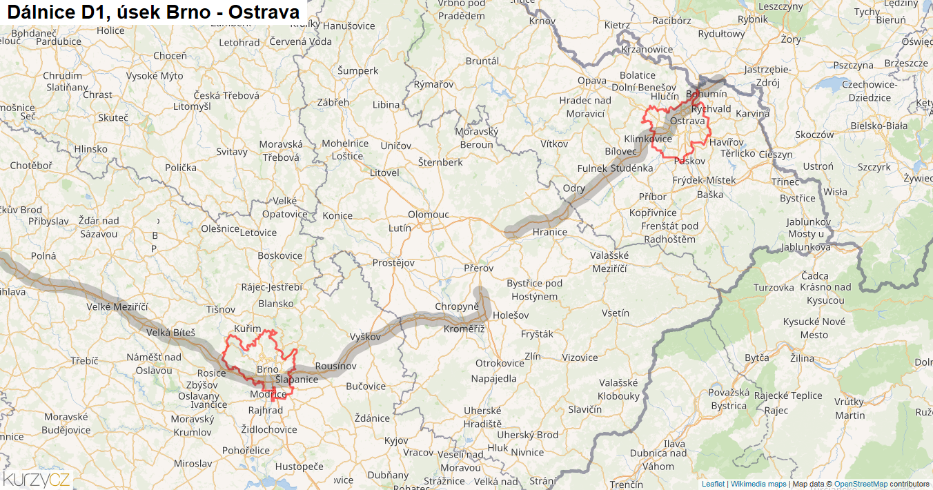 Úsek Brno - Ostrava, Dálnice D1 - Mapa