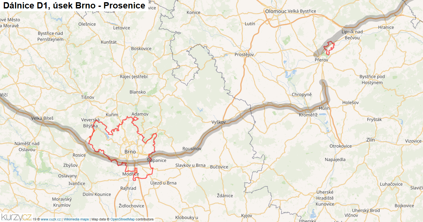 Úsek Brno - Prosenice, Dálnice D1 - Mapa