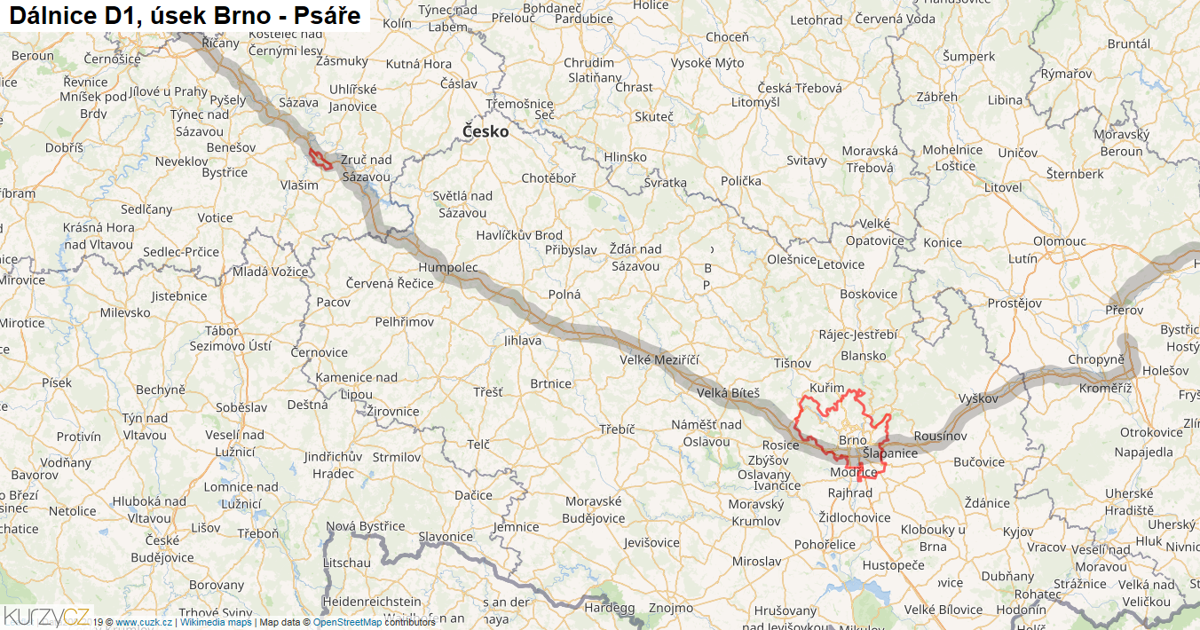 Úsek Brno - Psáře, Dálnice D1 - Mapa