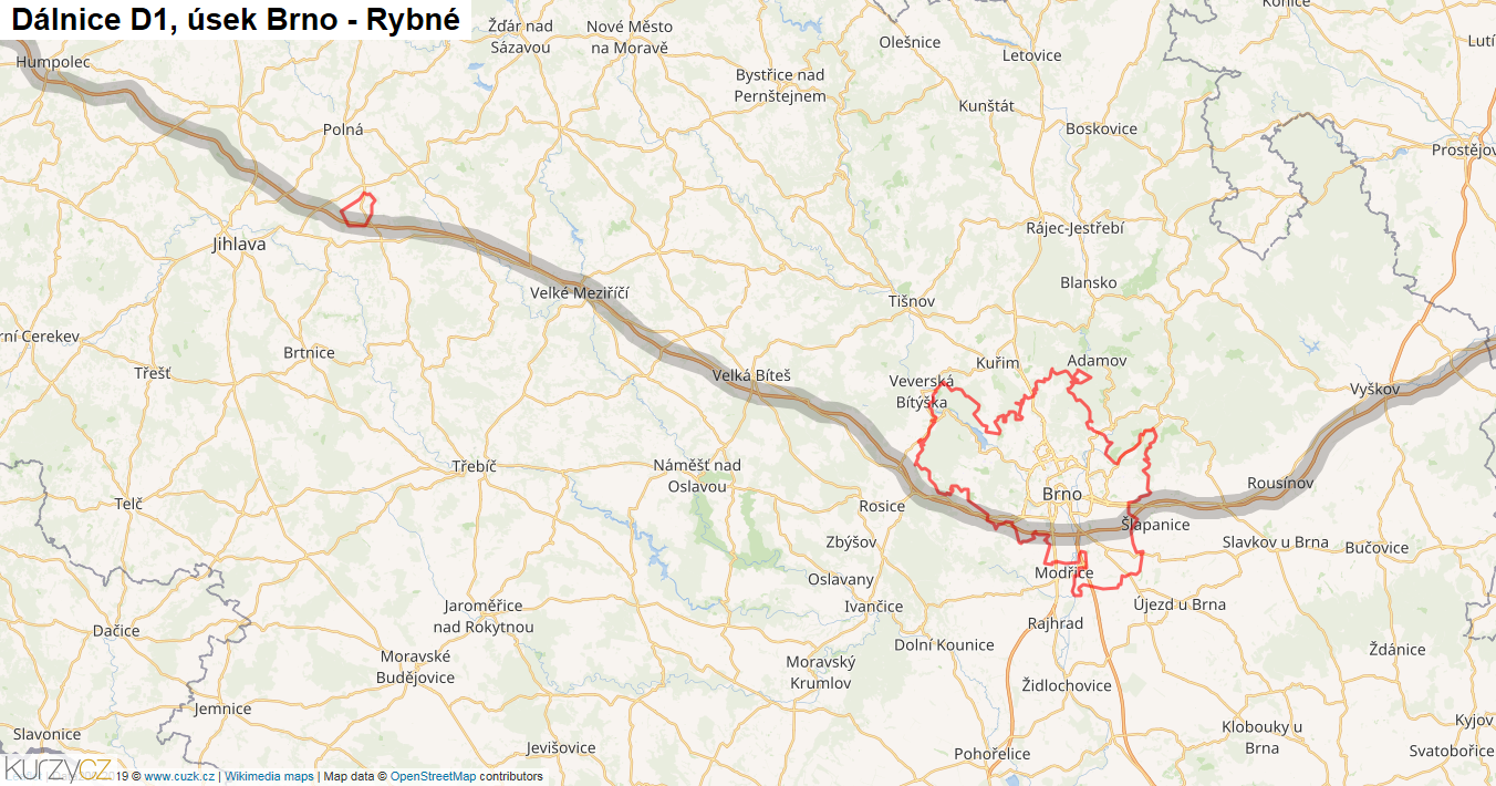 Úsek Brno - Rybné, Dálnice D1 - Mapa