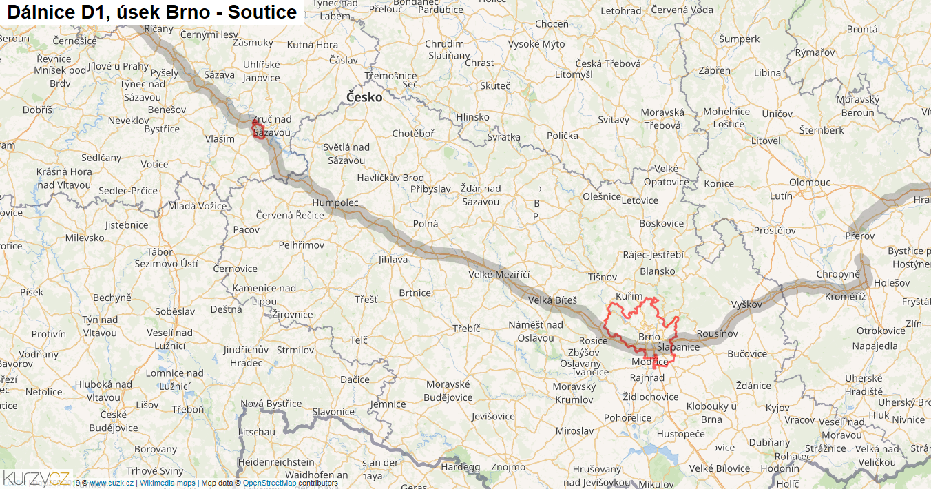 Úsek Brno - Soutice, Dálnice D1 - Mapa