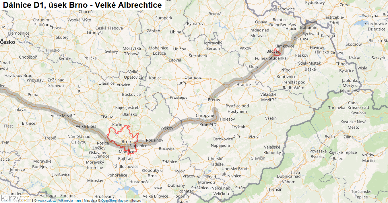 Úsek Brno - Velké Albrechtice, Dálnice D1 - Mapa