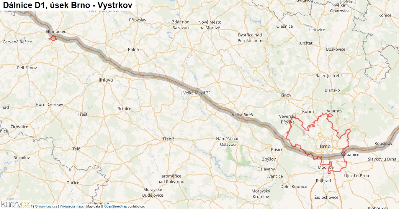 Úsek Brno - Vystrkov, Dálnice D1 - Mapa