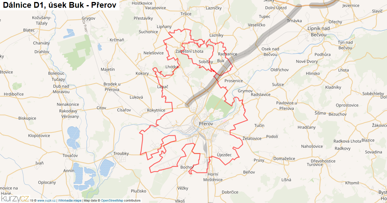 Úsek Buk - Přerov, Dálnice D1 - Mapa
