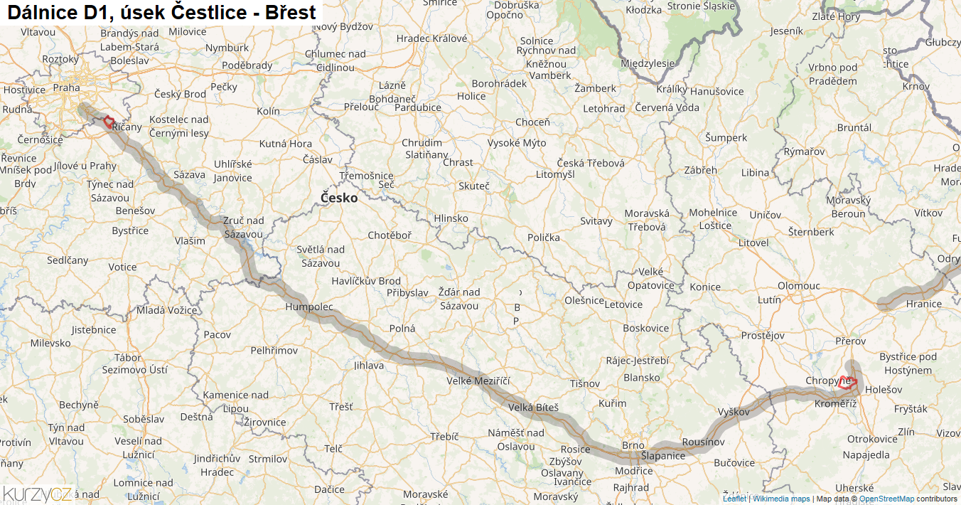 Úsek Čestlice - Břest, Dálnice D1 - Mapa