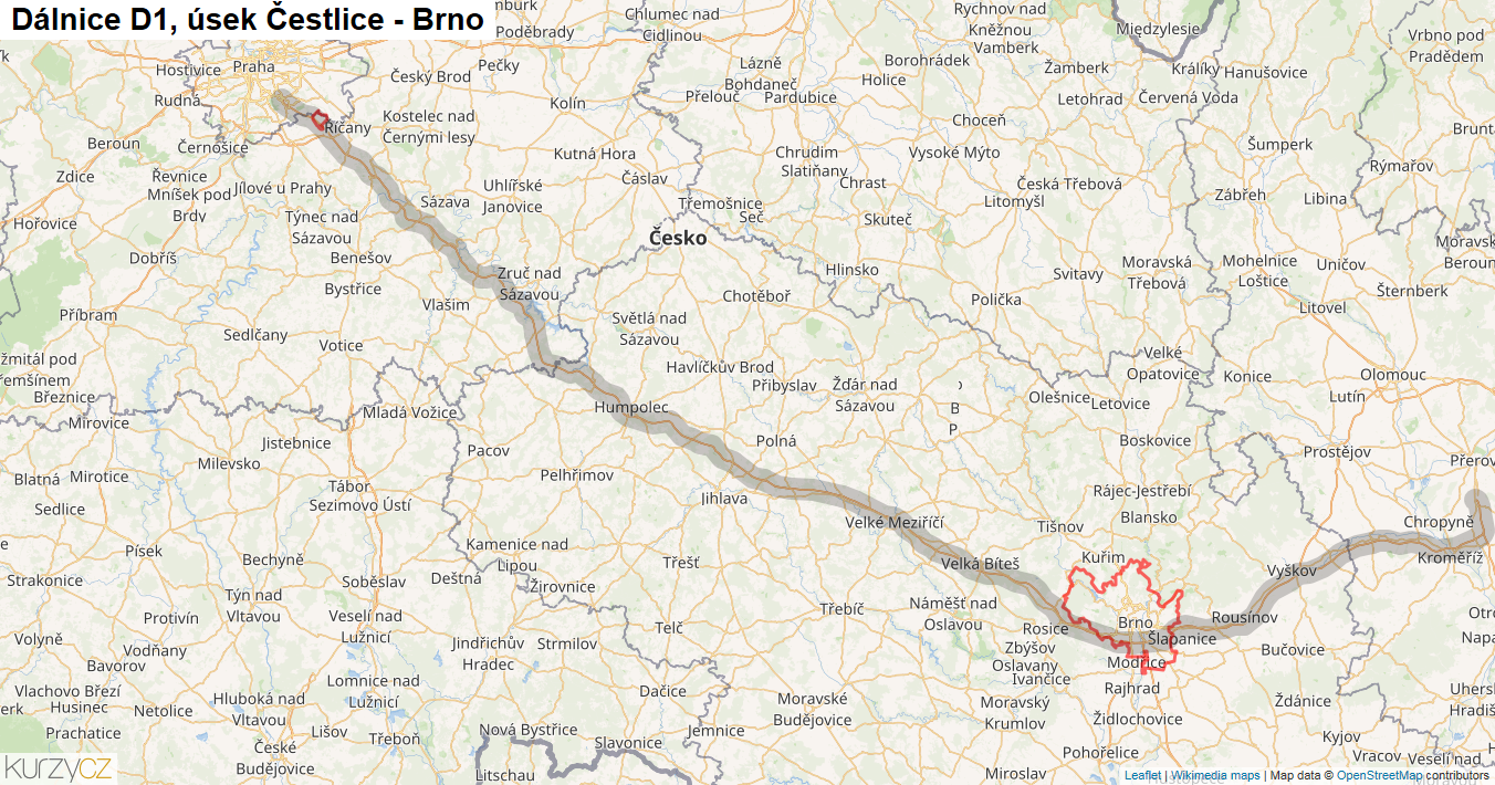 Úsek Čestlice - Brno, Dálnice D1 - Mapa