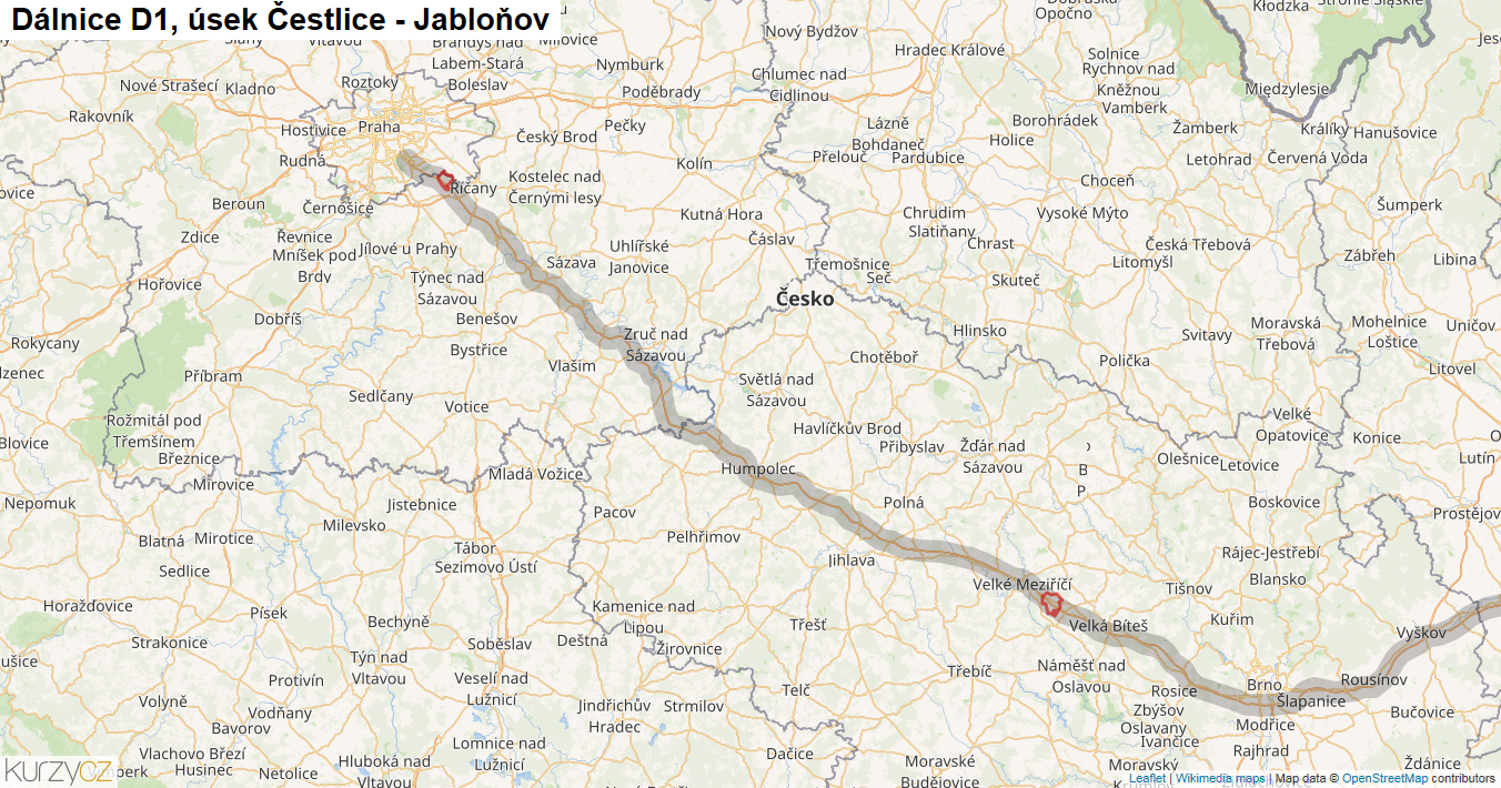 Úsek Čestlice - Jabloňov, Dálnice D1 - Mapa