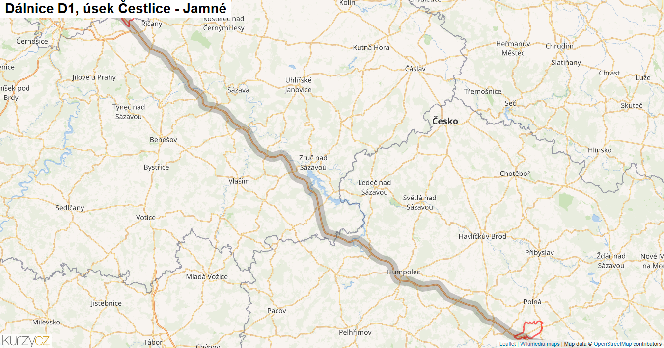 Úsek Čestlice - Jamné, Dálnice D1 - Mapa