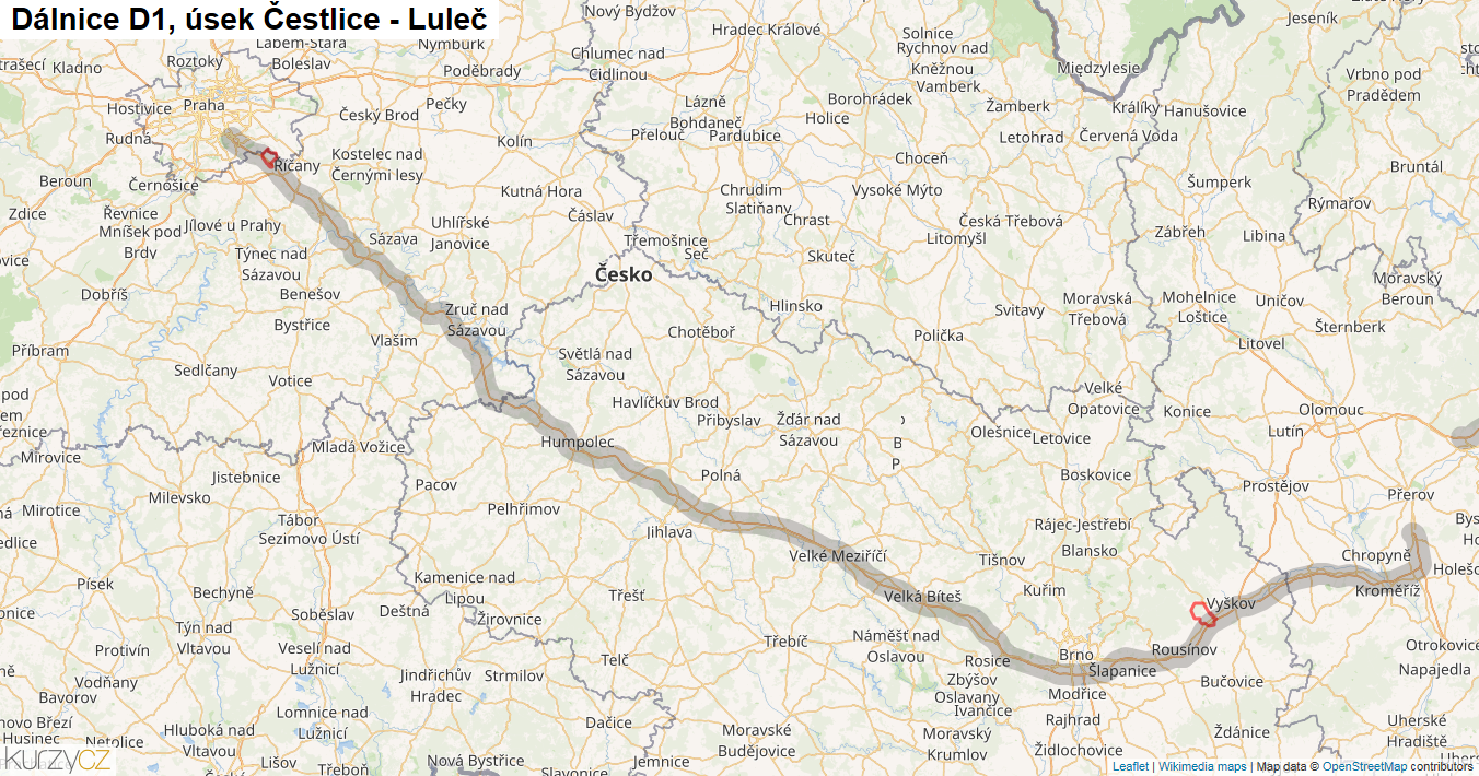 Úsek Čestlice - Luleč, Dálnice D1 - Mapa