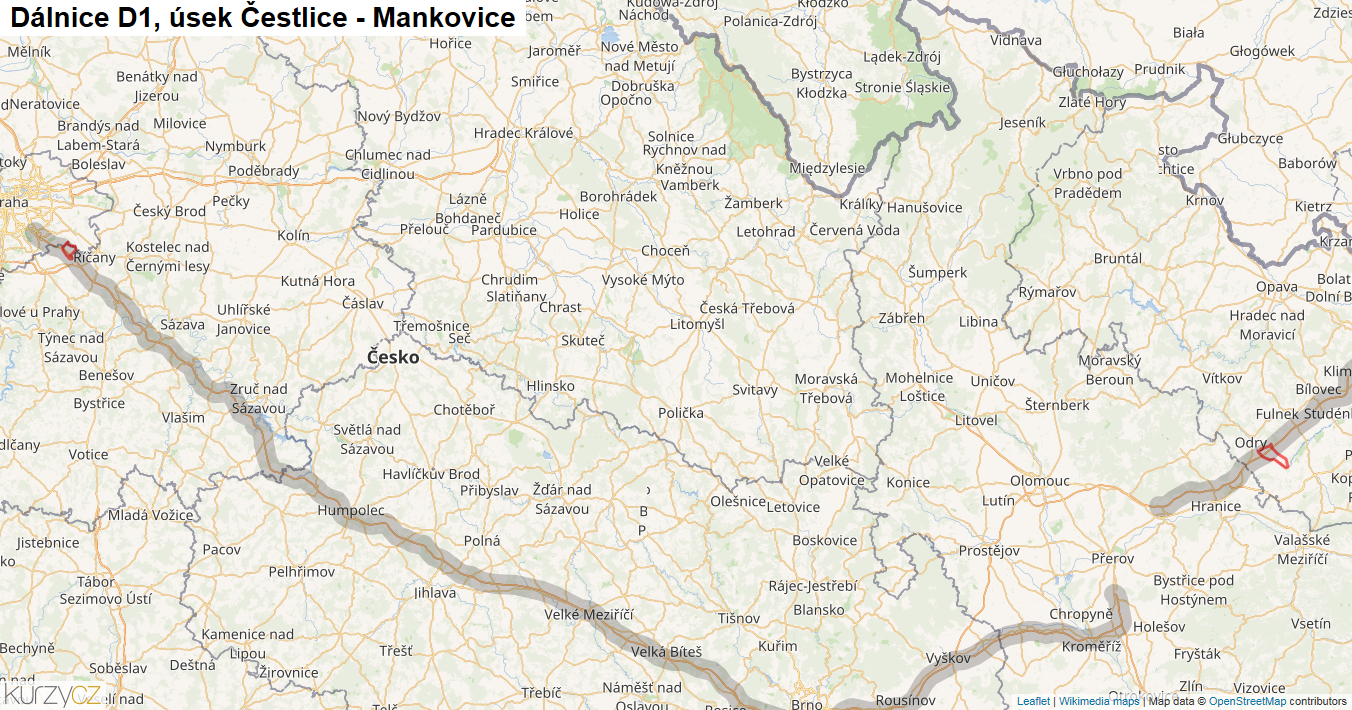 Úsek Čestlice - Mankovice, Dálnice D1 - Mapa