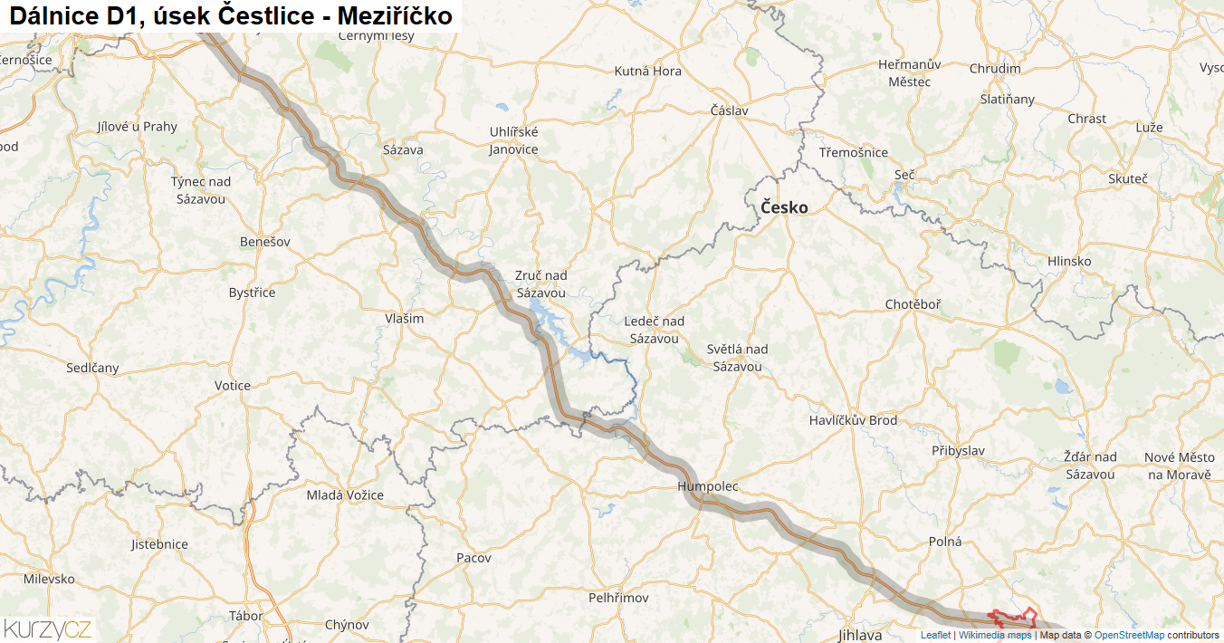 Úsek Čestlice - Meziříčko, Dálnice D1 - Mapa