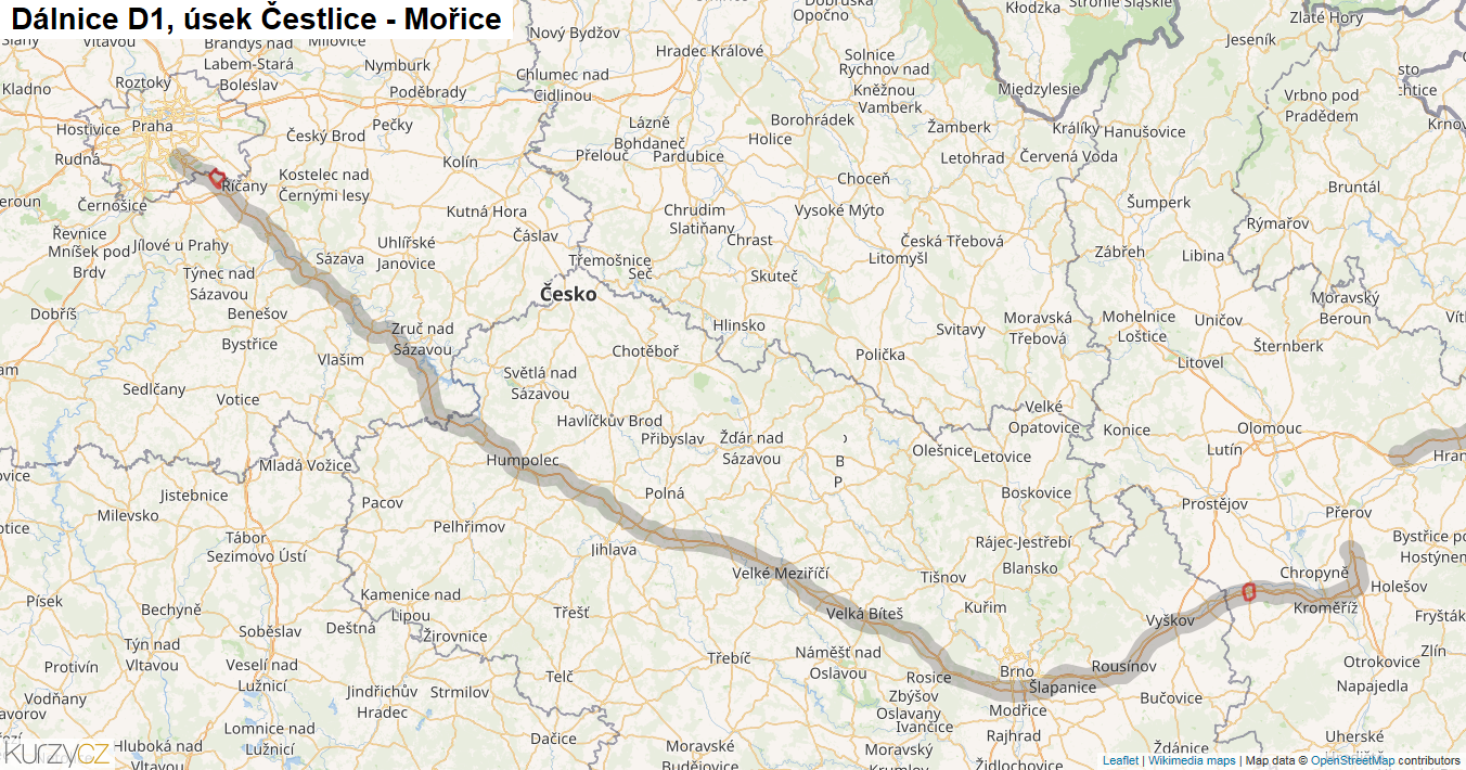 Úsek Čestlice - Mořice, Dálnice D1 - Mapa
