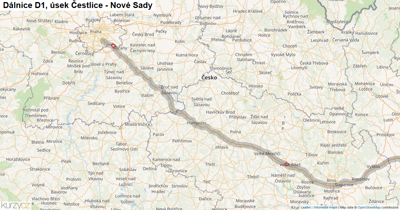 Úsek Čestlice - Nové Sady, Dálnice D1 - Mapa