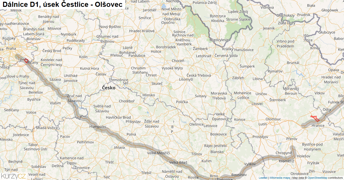 Úsek Čestlice - Olšovec, Dálnice D1 - Mapa