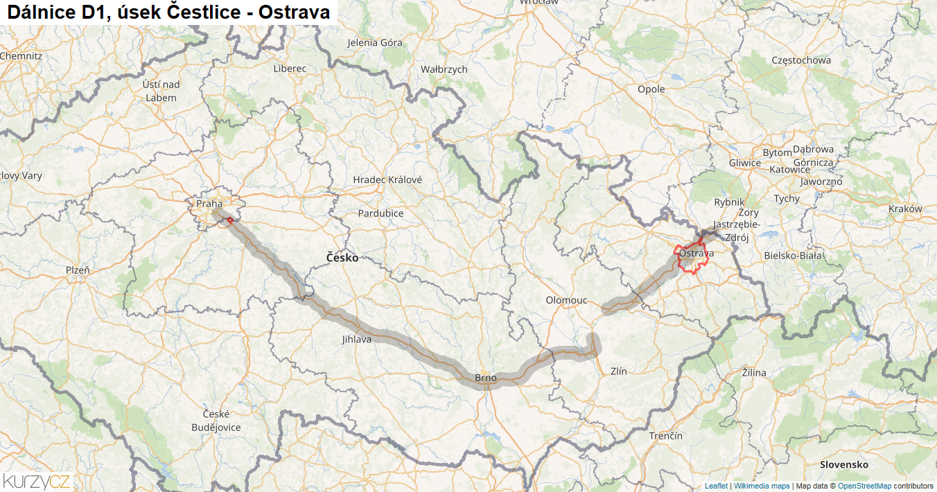 Úsek Čestlice - Ostrava, Dálnice D1 - Mapa