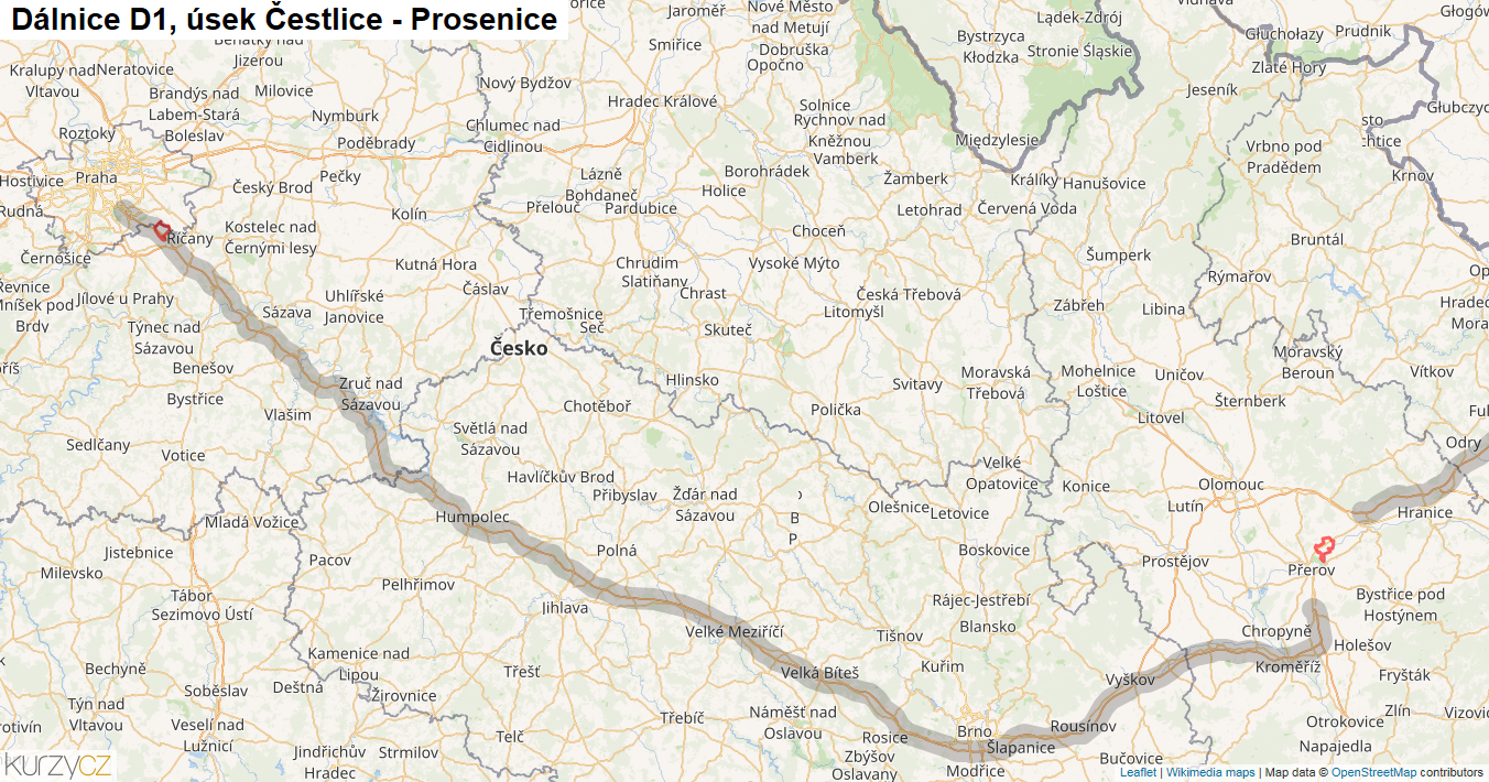 Úsek Čestlice - Prosenice, Dálnice D1 - Mapa