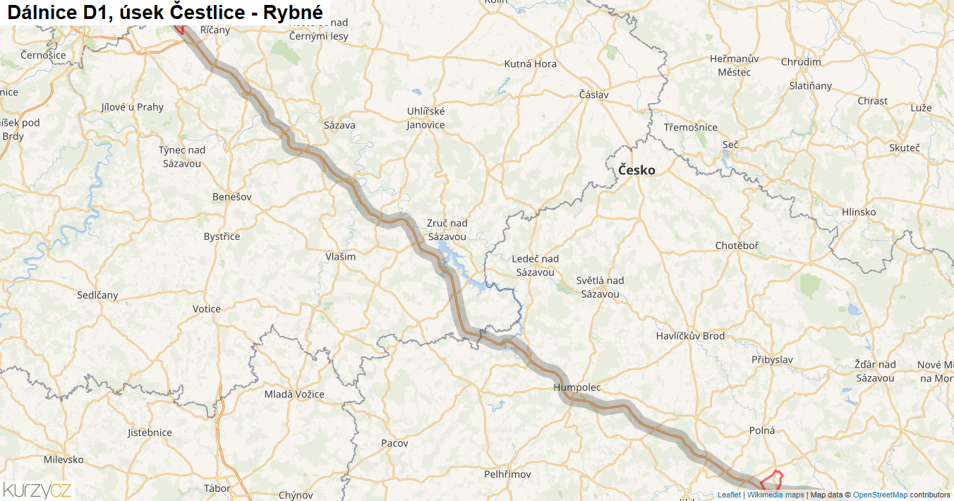 Úsek Čestlice - Rybné, Dálnice D1 - Mapa