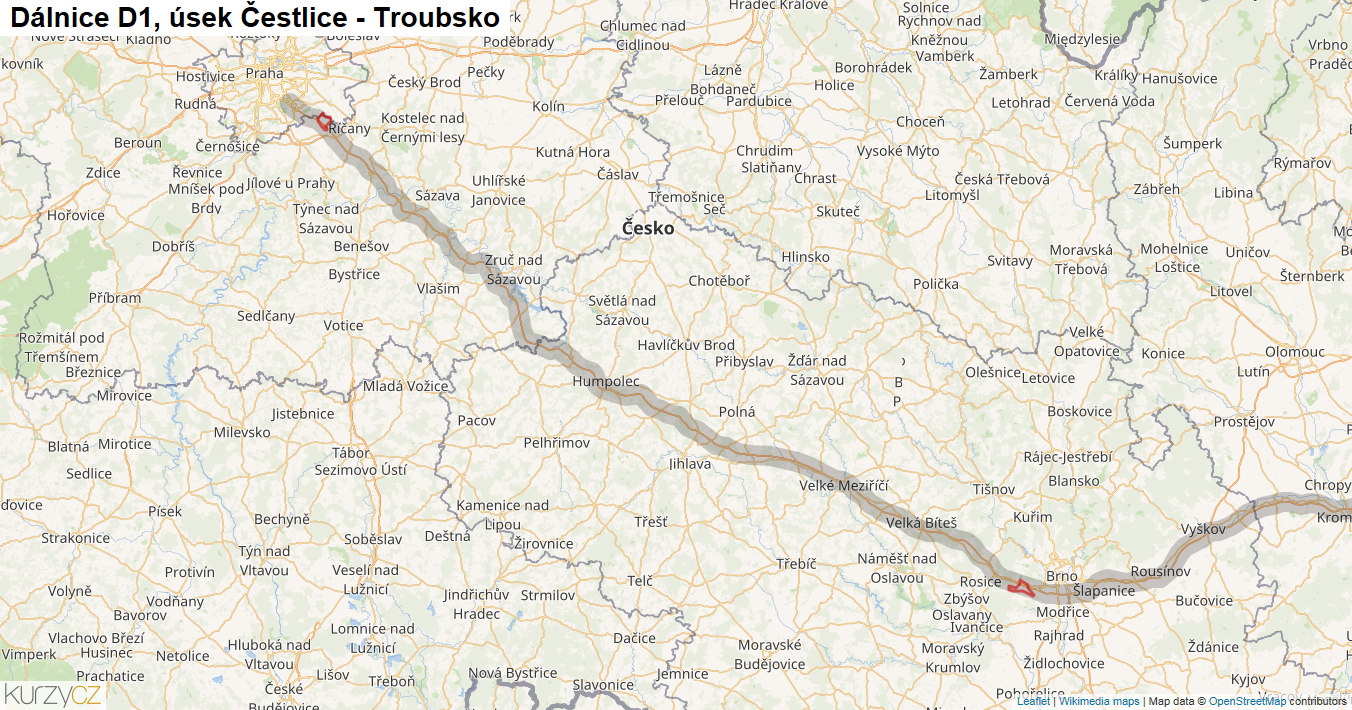 Úsek Čestlice - Troubsko, Dálnice D1 - Mapa