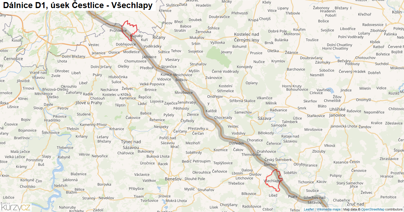 Úsek Čestlice - Všechlapy, Dálnice D1 - Mapa